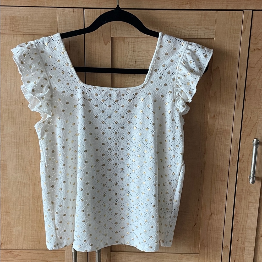 Zac & Rachel Cream Eyelet Ruffle Sleeve Blouse Gold Polkadot petite